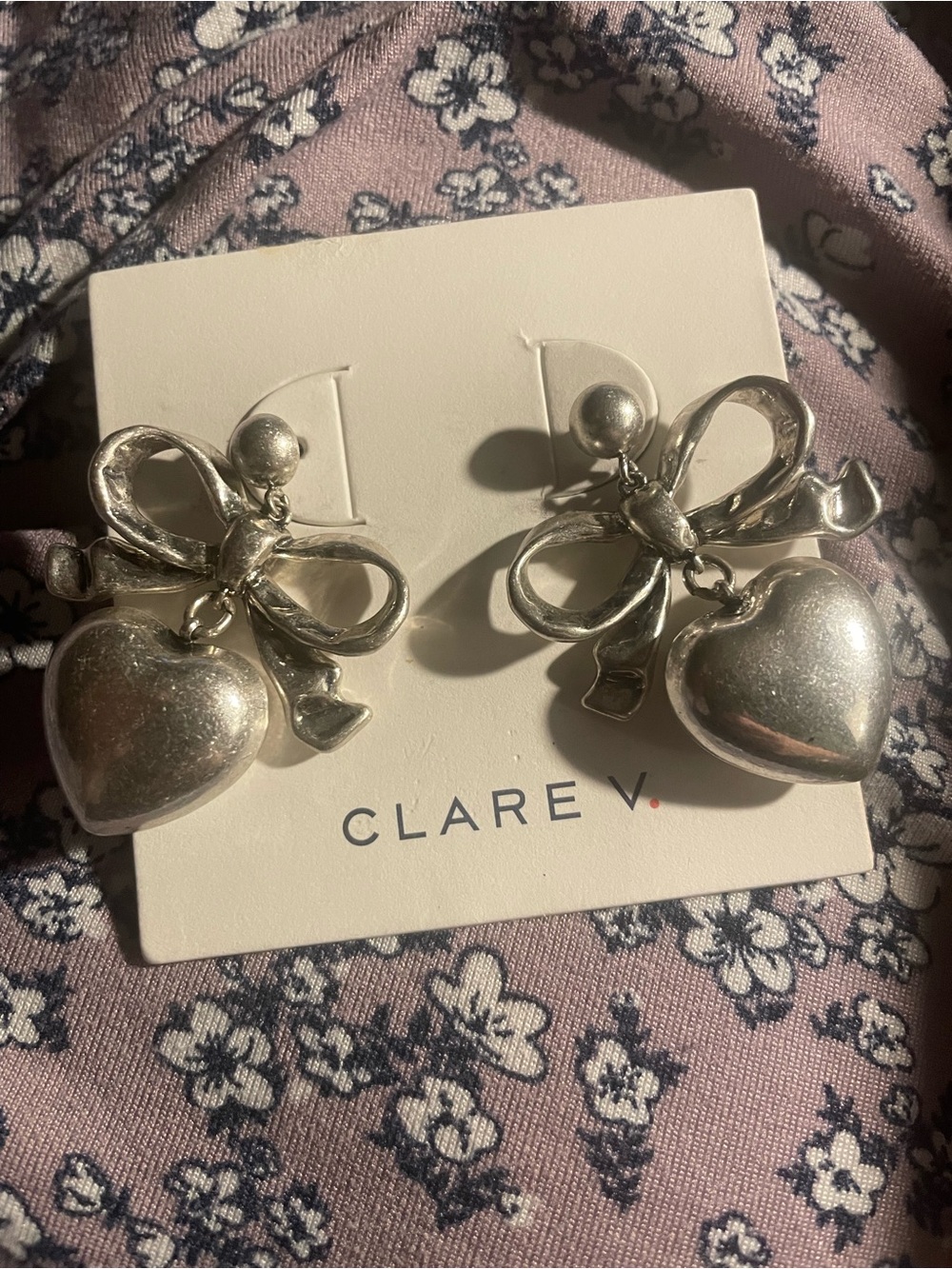 Clare V Silver Bow Earrings with Dangling Hearts